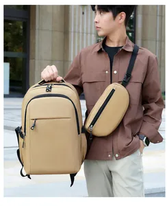 Outdoor shot of a khaki nylon backpack and matching crossbody bag worn by a model