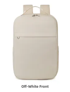 Front view of cream white minimalist laptop backpack with hidden zipper and side pockets