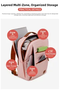 Internal compartments of pink business laptop backpack showing organized storage space