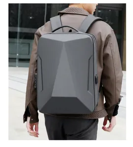 Detail of hard shell laptop backpack with geometric design and secure combination lock