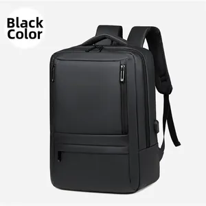 Close-up of waterproof business backpack with external USB charging port and zipper pockets