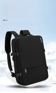 Close-up of lightweight black travel backpack with USB port and waterproof fabric details
