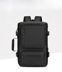 Front view of black multifunctional business backpack with multiple zippers and side handles