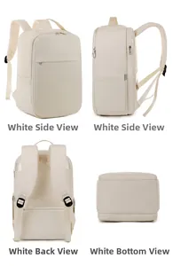 Detailed views of the cream business laptop backpack showing back padding and side pockets