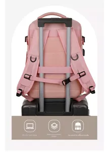 Pink travel backpack with padded mesh back, luggage strap, and 15.6 inch laptop sleeve
