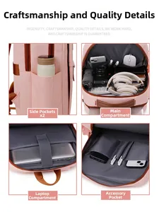 Detailed interior of pink laptop backpack showing laptop sleeve and organized pockets
