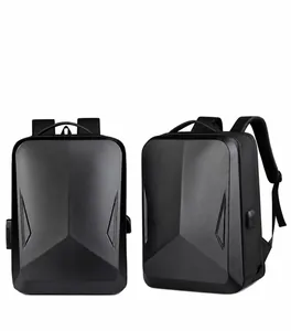 Detail view of black hard shell gaming backpack with USB port and secure TSA combination lock