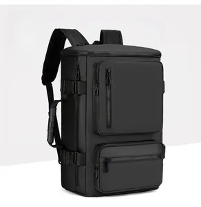 Detail view of water-resistant black business backpack with multiple zipper pockets