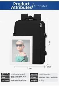 Detailed dimensions of black oxford fabric travel backpack showing 31x45x14cm size