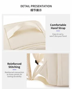 Detailed view of reinforced top handle and sturdy stitching on the beige laptop backpack