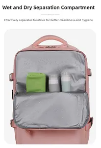 Detail view of the pink travel backpack featuring a waterproof wet and dry separation pocket