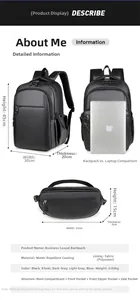 Size chart showing multi-pocket waterproof laptop backpack with 45cm height specifications