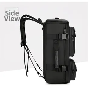 Side view of multi-purpose black travel backpack showing ergonomic rubber handles and buckles