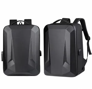 Dual view of black hardshell gaming laptop backpack with integrated USB charging port