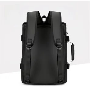 Rear view of black waterproof business backpack with padded straps and side handle