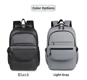 Front view of casual backpacks in black and light gray colors with zipper front pockets