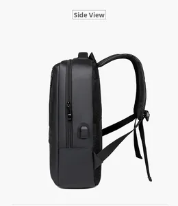 Side view of waterproof business laptop backpack with USB charging port and mesh padding