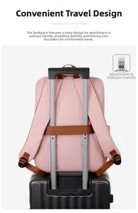 Pink travel backpack featuring a luggage strap for secure attachment to suitcase handles