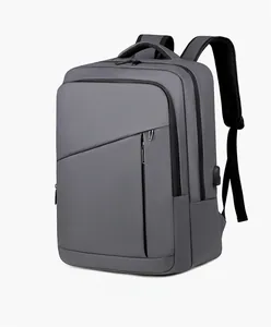 Detail view of water-resistant business backpack with bevel zipper and USB port
