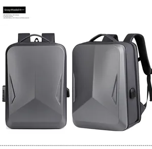 Gray hardshell gaming laptop backpack with USB port and integrated TSA lock details
