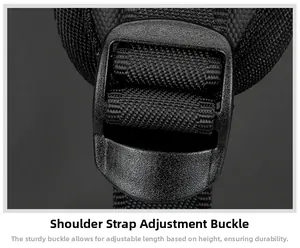 Close-up of adjustable plastic buckle and durable nylon strap on travel backpack