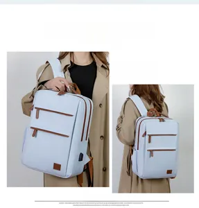 Minimalist light blue travel backpack with brown details shown on a female model