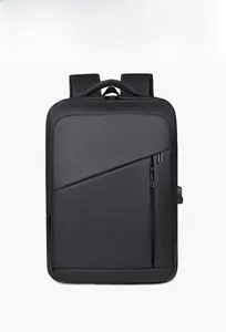 Front view of black water-resistant business laptop backpack with asymmetric zipper design