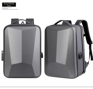 Detailed view of grey hardshell gaming laptop backpack with USB port and security lock