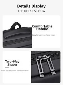 Detail of durable metal zippers and reinforced handle on the black business backpack