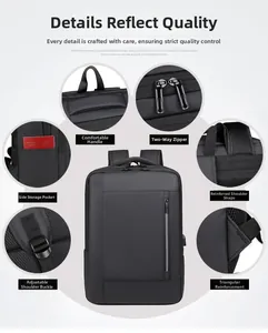 Detailed views of waterproof black business backpack with reinforced handles and dual zippers