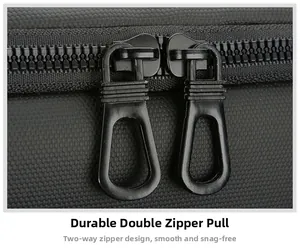 Macro view of durable dual metal zippers on black honeycomb texture travel bag