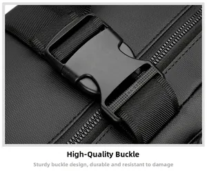 Macro shot of durable high-quality plastic buckle and textured nylon fabric on black backpack