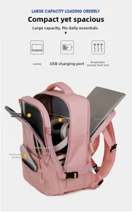 Pink travel backpack showing waterproof compartment, USB port and laptop layer