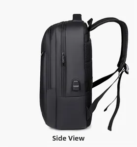 Side view of black business backpack showing multi-layer zippers and USB charging port