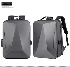 Detail of hard shell gaming backpack with USB port and integrated combination lock