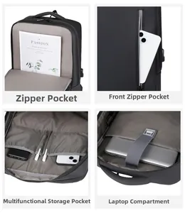 Detail view of multi-compartment laptop backpack with waterproof fabric and organizer pockets