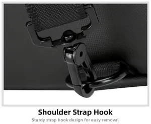 Detail of durable black metal shoulder strap hook with swivel joint and quick-release clip