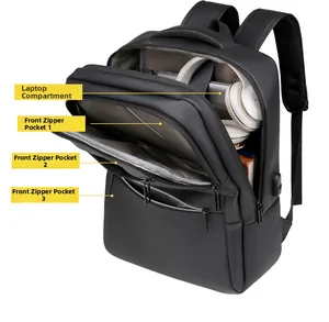 Detail of water-resistant business backpack featuring laptop strap and 3 zipper pockets