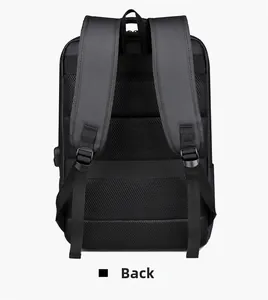 Ergonomic back view of black business backpack with breathable honeycomb padding and USB port