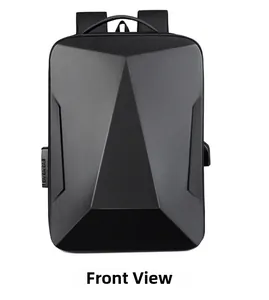 Front view of black hardshell gaming laptop backpack with geometric 3D diamond design