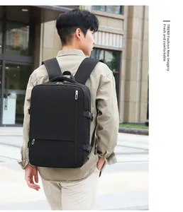 Side view of black travel backpack with adjustable side buckles and durable fabric