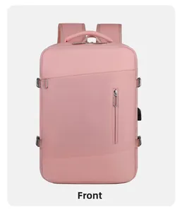 Vue de face d'un sac à dos de voyage rose clair avec port de charge USB intégré
