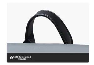Close-up of the soft reinforced carrying handle on a durable grey travel backpack