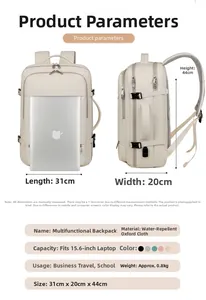 Macro detail of waterproof oxford backpack with USB port and size dimensions
