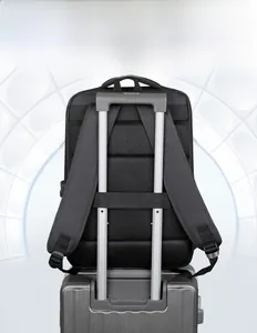 Detail of waterproof business backpack with trolley sleeve for easy luggage attachment