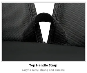Macro detail of the top carry webbing on a black travel bag, strong and durable design