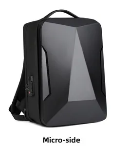 Detail of hard shell gaming laptop backpack featuring a TSA combination security lock