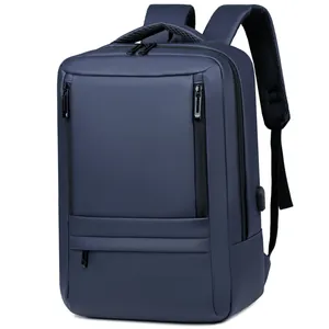 Waterproof navy blue business laptop backpack with USB port and padded straps