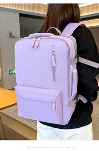 Side view of lightweight lavender travel backpack with adjustable straps on model