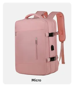Vue latérale du sac à dos rose avec port USB, boucles et bretelles en maille aérée